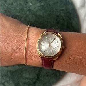 Fossil Gold Case Watch with Brown/Burgundy Leather Strap